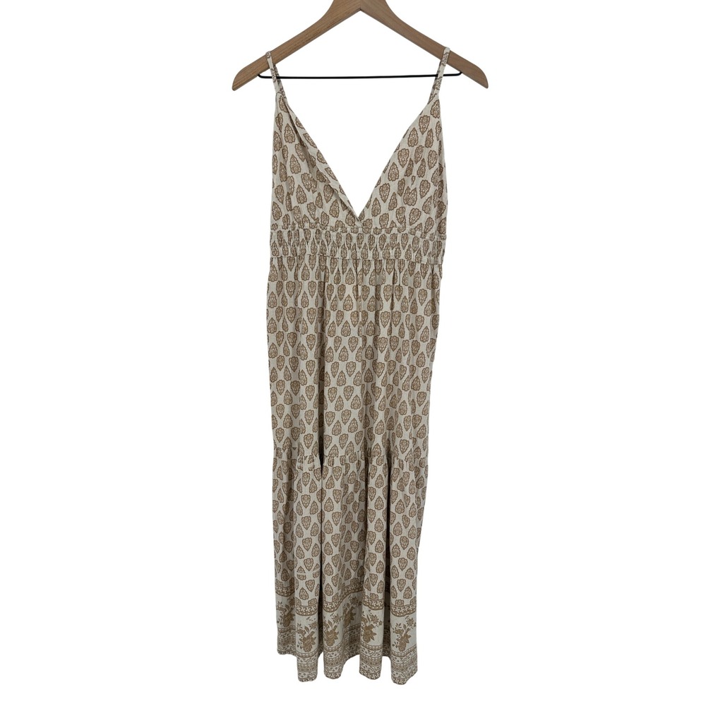 Sim & Sam Midi Dress L Oat Print Boho Tiered Smocked‎ V-Neck Sun Cottagecore NWT